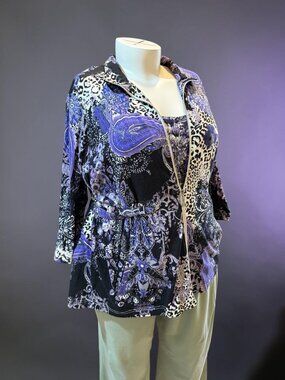 Onque Woman 2X Purple Abstract Pattern 3/4 Slv Full Zip Light Jacket & Top Set